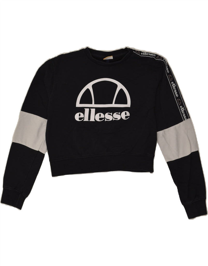 ELLESSE Womens Crop Graphic Sweatshirt Jumper UK 10 Small  Black | Vintage Ellesse | Thrift | Second-Hand Ellesse | Used Clothing | Messina Hembry 