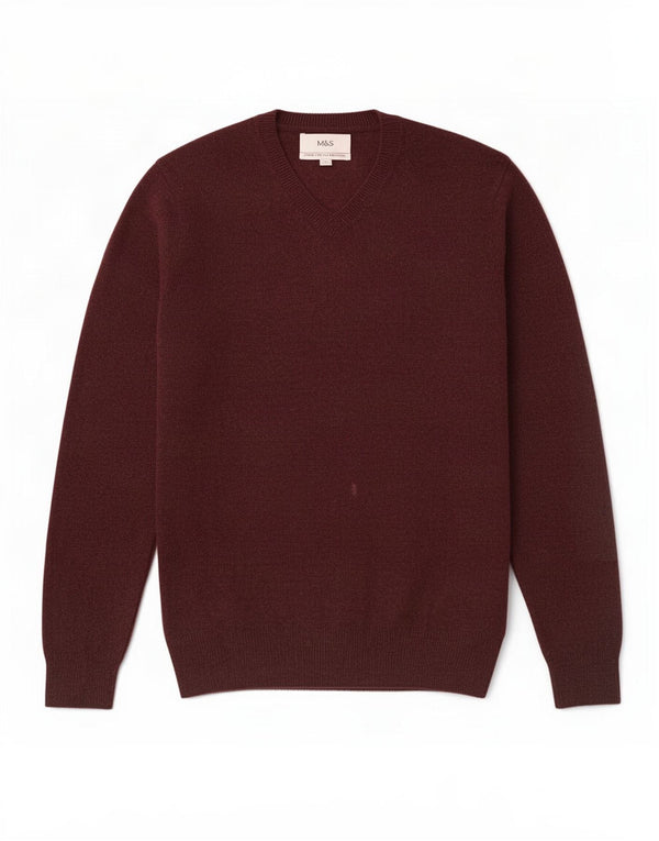 Marks & Spencer Mens V-Neck Jumper Sweater Medium Burgundy Flecked Wool