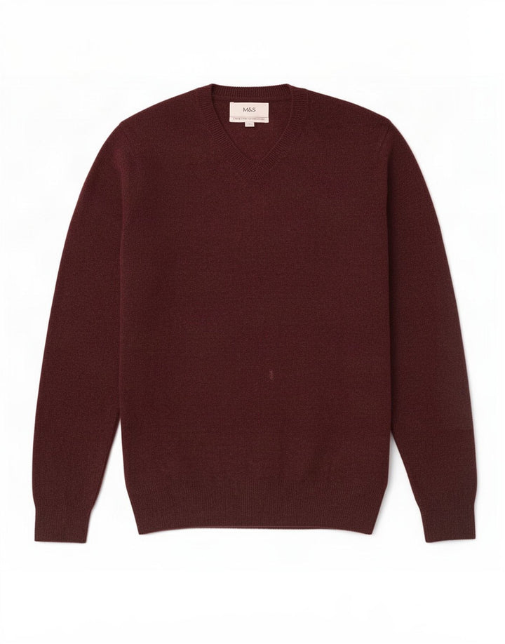 Marks & Spencer Mens V-Neck Jumper Sweater Medium Burgundy Flecked Wool