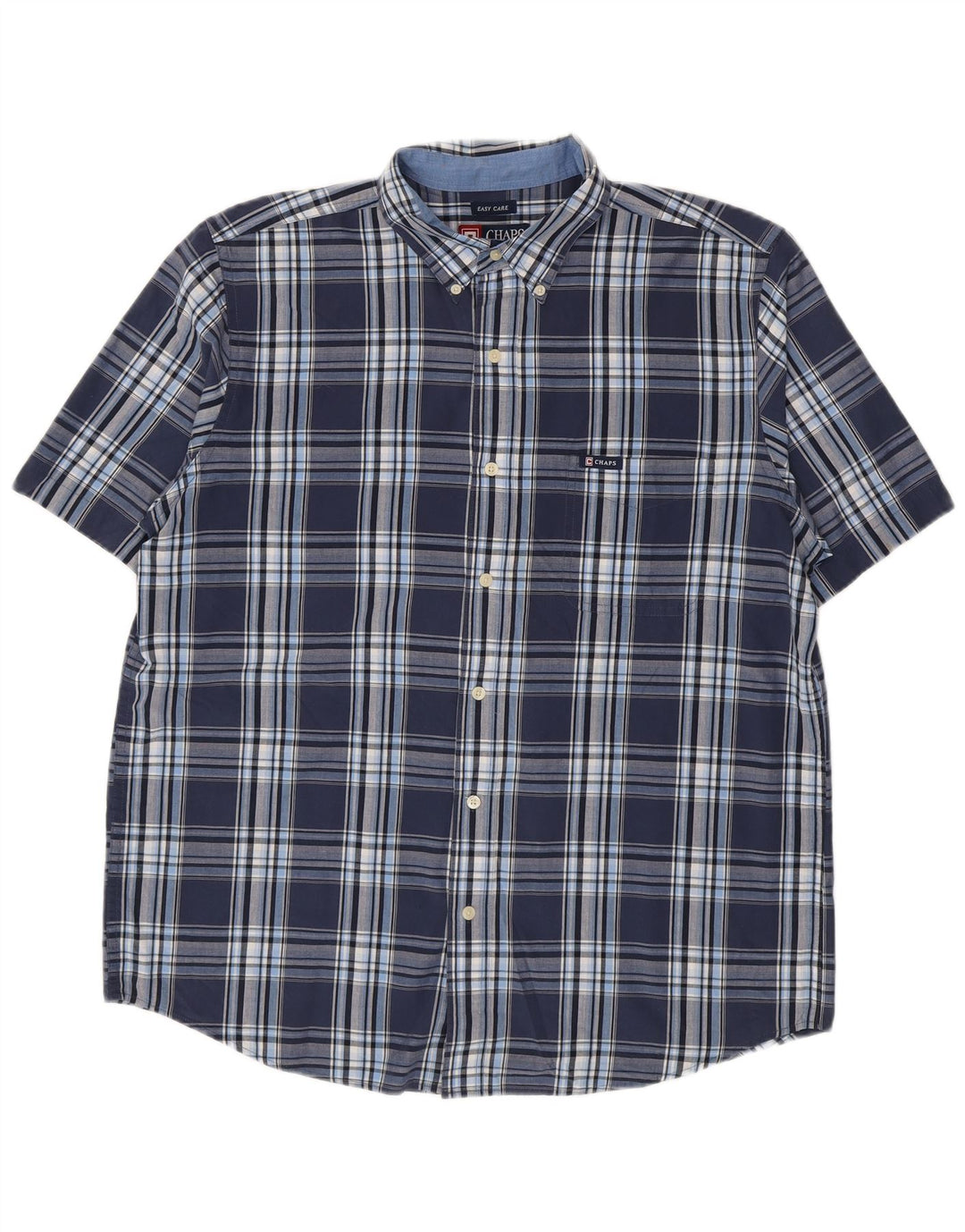 Chaps Mens Easy Care Short Sleeve Shirt Large Navy Blue Check Cotton