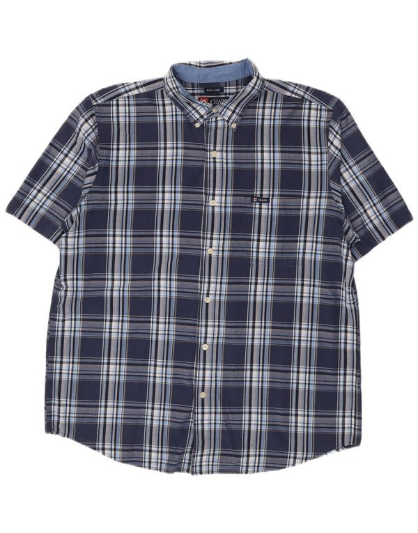 Chaps Mens Easy Care Short Sleeve Shirt Large Navy Blue Check Cotton