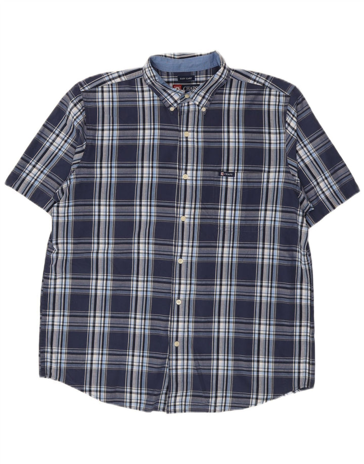 Chaps Mens Easy Care Short Sleeve Shirt Large Navy Blue Check Cotton