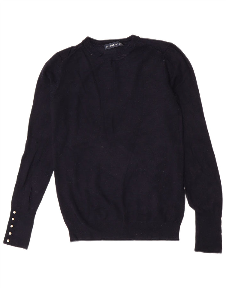 Zara Womens Crew Neck Jumper Sweater UK 12 Medium Navy Blue Viscose
