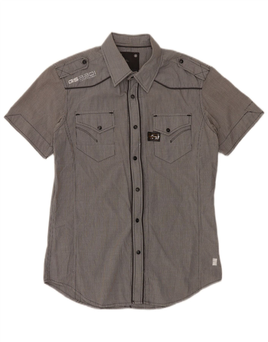 G-Star Mens Short Sleeve Military Shirt Medium Grey Gingham Cotton