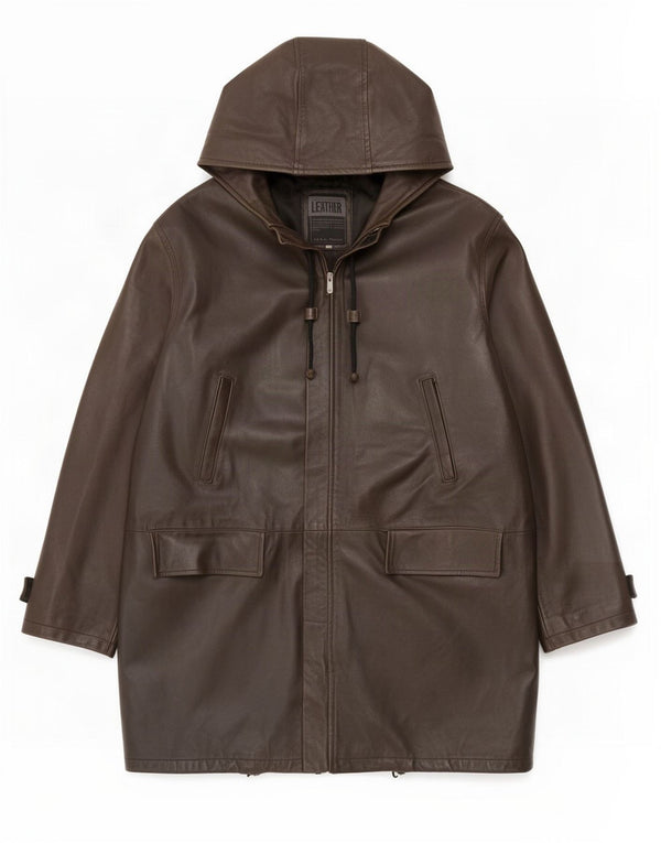 Metropolitan Mens Hooded Leather Coat IT 54 2XL Brown