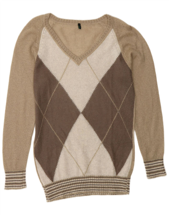 Benetton Womens V-Neck Jumper Sweater UK 14 Medium Beige Argyle/Diamond