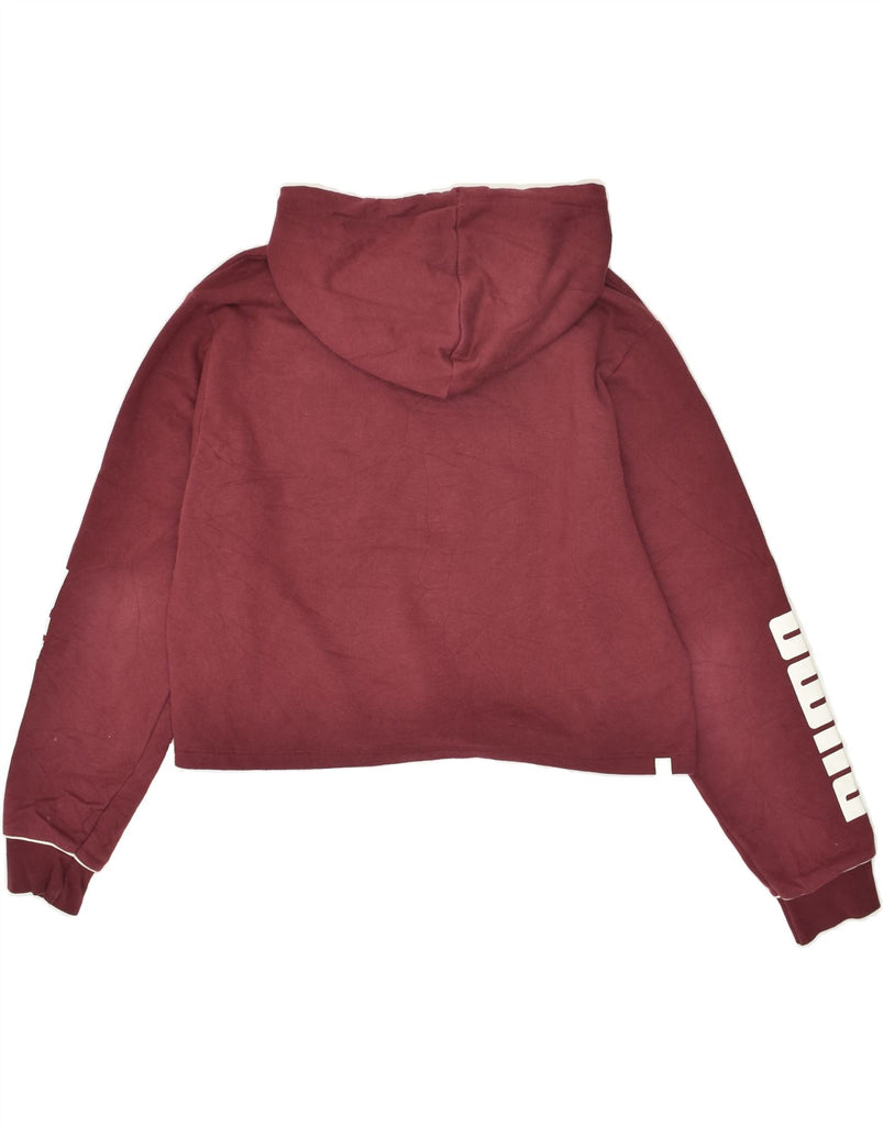 PUMA Womens Graphic Crop Hoodie Jumper UK 16 Large Burgundy Cotton | Vintage Puma | Thrift | Second-Hand Puma | Used Clothing | Messina Hembry 