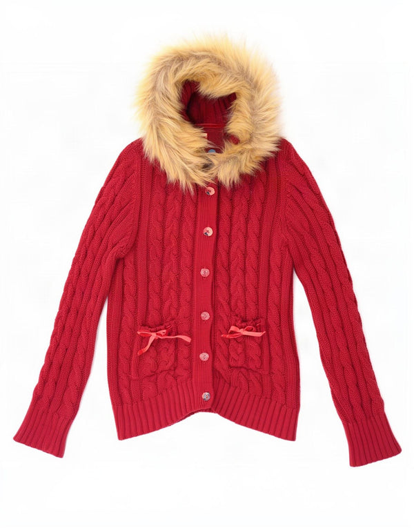 Joe Browns Womens Hooded Cardigan Sweater UK 16 Large Maroon Cotton