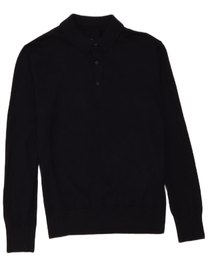 Vintage Mens Polo Neck Jumper Sweater Medium Navy Blue Merino Wool