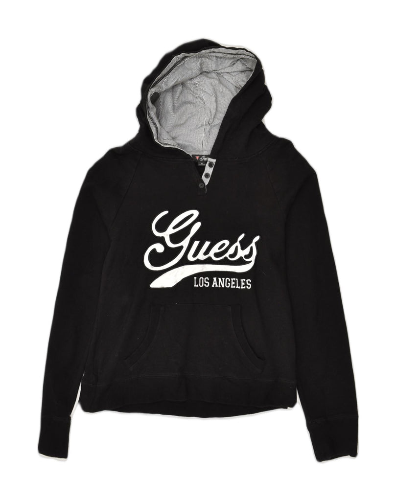 GUESS Womens Graphic Hoodie Jumper UK 12 Medium Black Cotton | Vintage Guess | Thrift | Second-Hand Guess | Used Clothing | Messina Hembry 