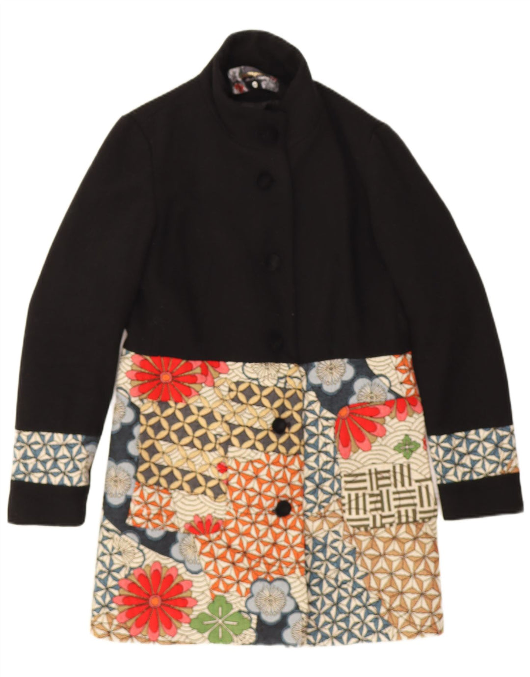 Desigual Womens Graphic Overcoat EU 40 Medium Black Patchwork Wool