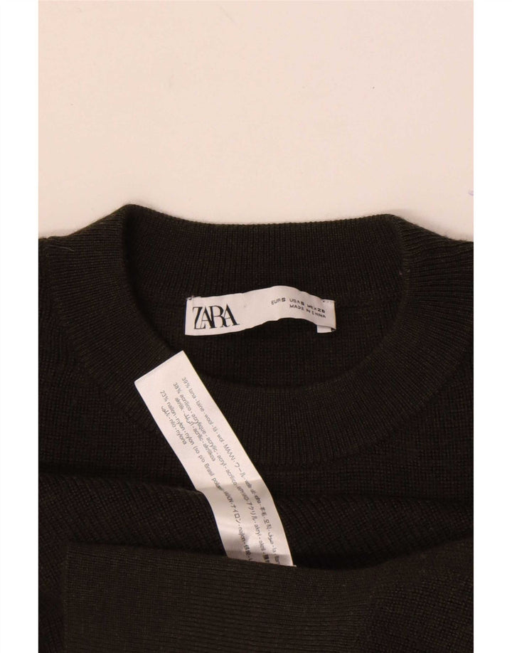 Zara Womens Batwing Crew Neck Jumper Sweater UK 10 Small Khaki Wool