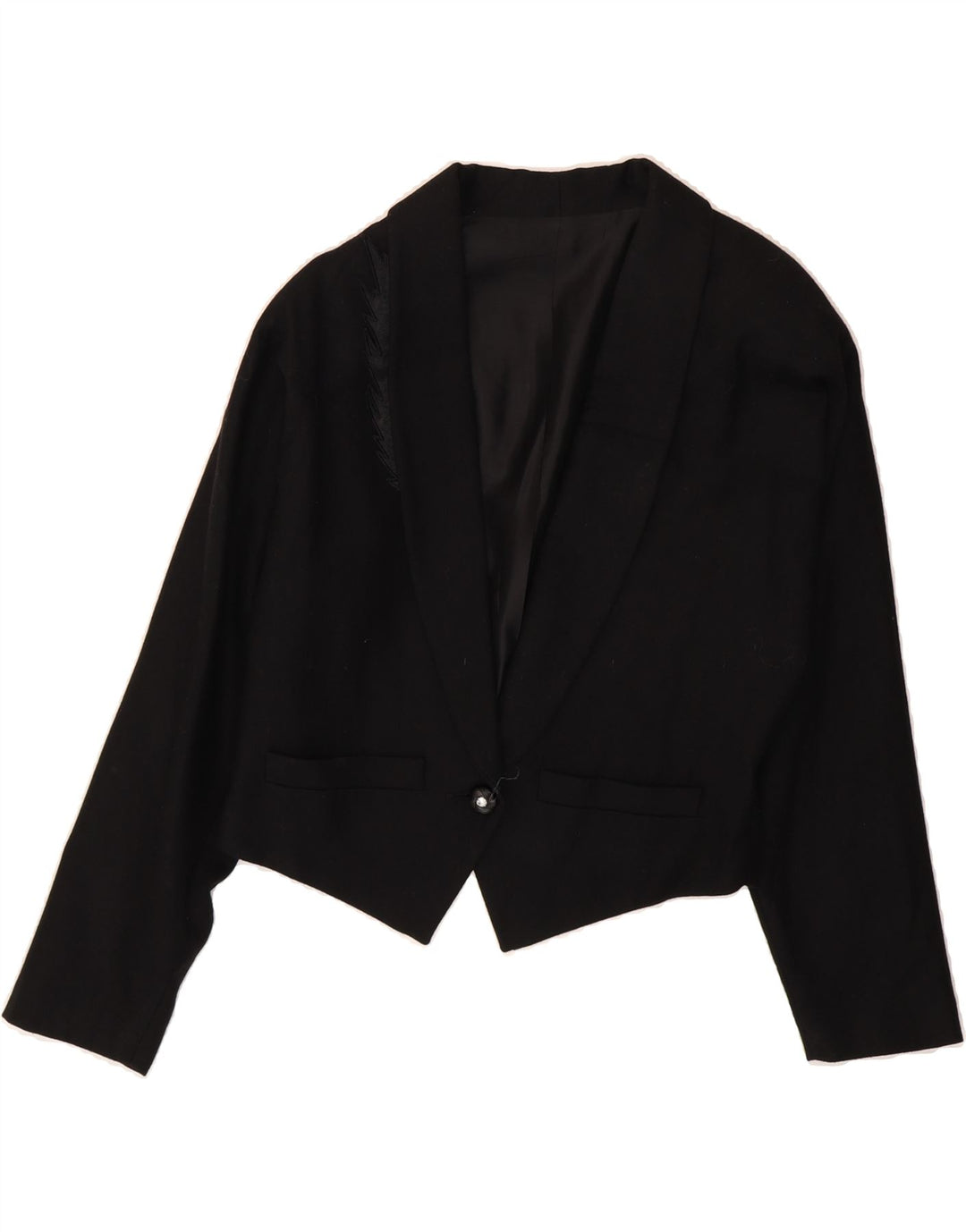 VINTAGE Womens Crop 1 Button Blazer Jacket IT 42 Medium Black Wool Vintage Vintage and Second-Hand Vintage from Messina Hembry 