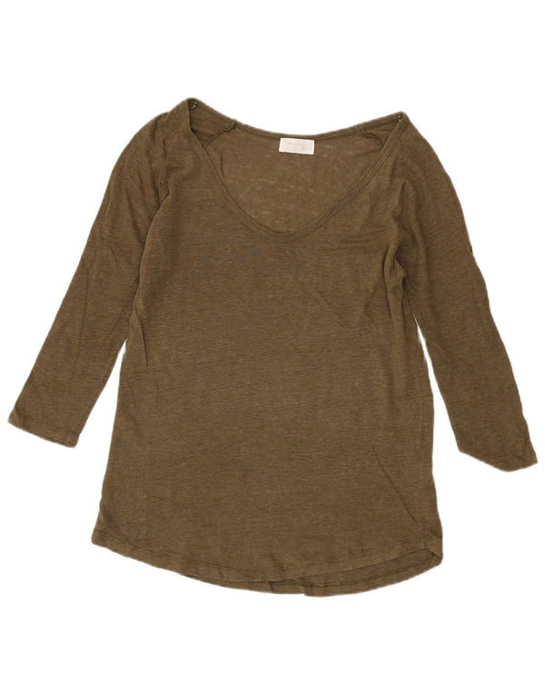 ZARA Womens Top Long Sleeve UK 14 Large Khaki Linen