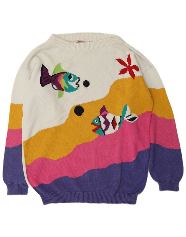 Vintage Womens Boat Neck Jumper Sweater EU 46/48 XL White Colourblock