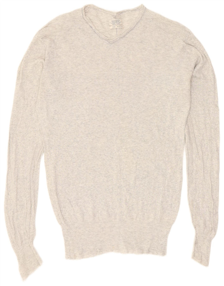 All Saints Mens V-Neck Jumper Sweater Medium Grey Flecked Cotton