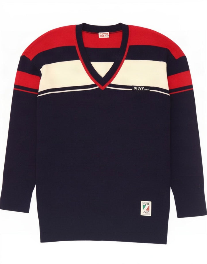 Silvy Mens V-Neck Jumper Sweater IT 50 Medium Navy Blue Colourblock