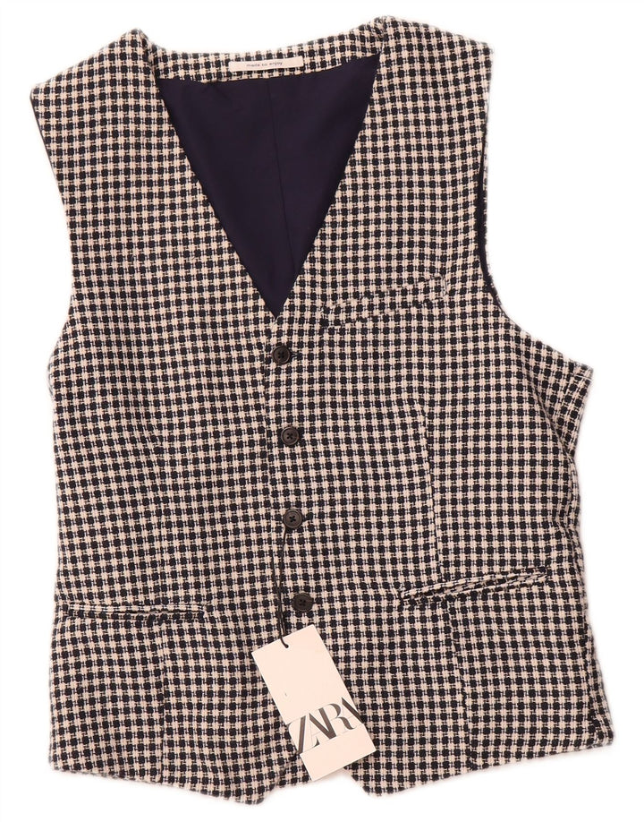 ZARA Mens Waistcoat Medium Navy Blue Houndstooth Cotton