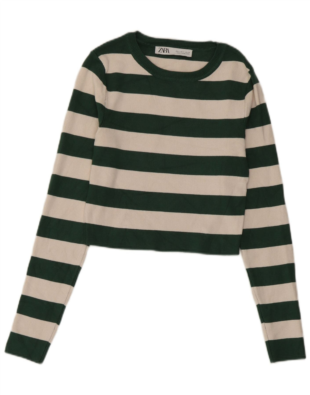 Zara Womens Crop Top Long Sleeve UK 12 Medium Green Striped Viscose