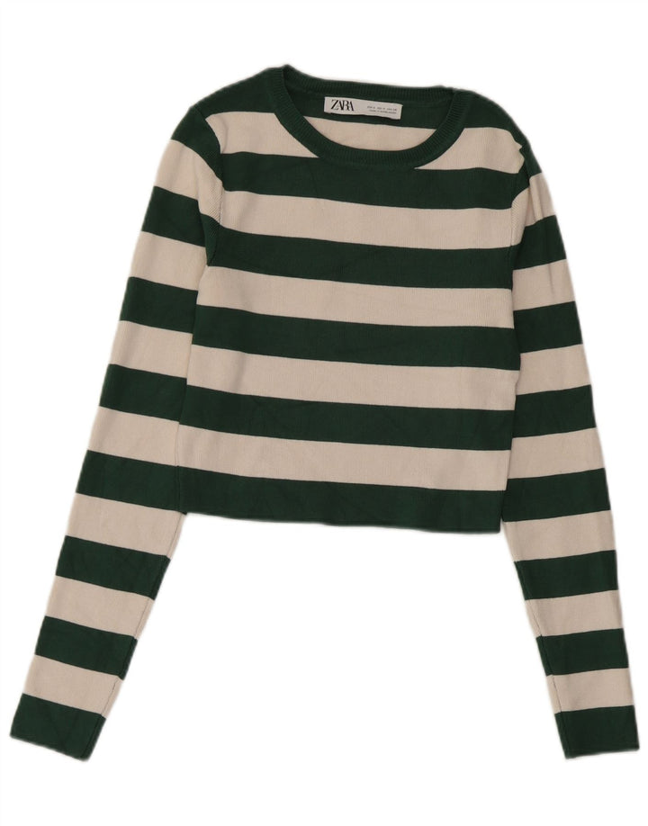 Zara Womens Crop Top Long Sleeve UK 12 Medium Green Striped Viscose