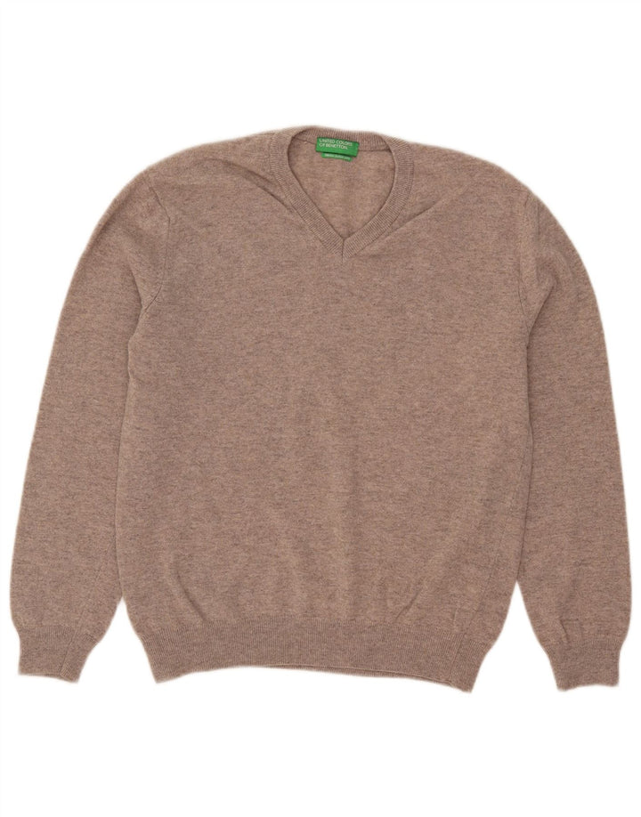 Benetton Mens V-Neck Jumper Sweater Small Beige Wool
