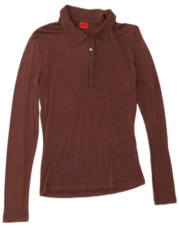 Hugo Boss Womens Long Sleeve Polo Shirt UK 10 Small Brown Viscose