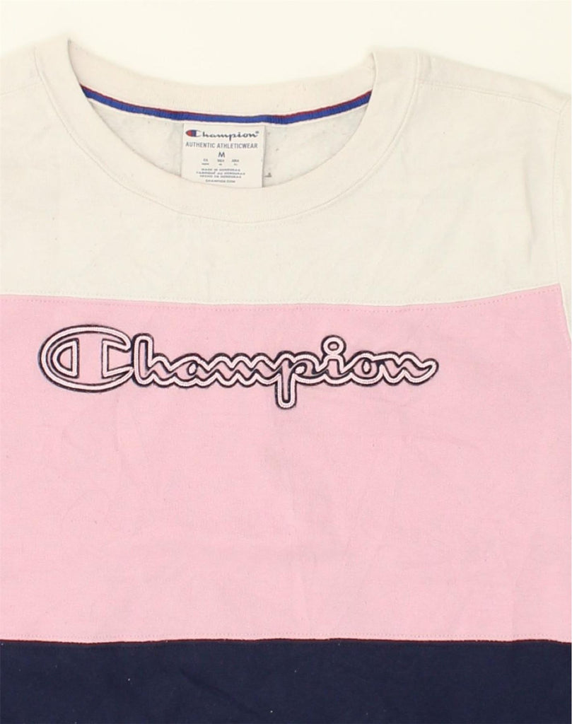 CHAMPION Womens Graphic Sweatshirt Jumper UK 14 Medium Pink Colourblock | Vintage Champion | Thrift | Second-Hand Champion | Used Clothing | Messina Hembry 