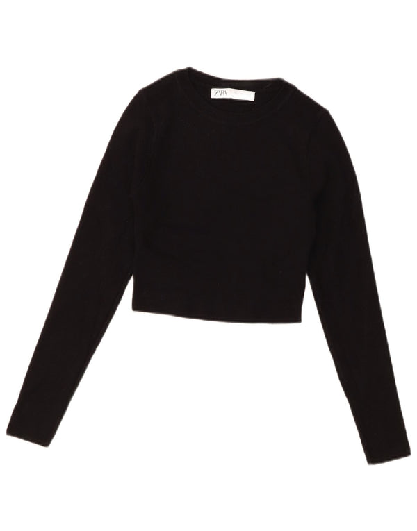 Zara Womens Crop Top Long Sleeve UK 8 Small Black Viscose