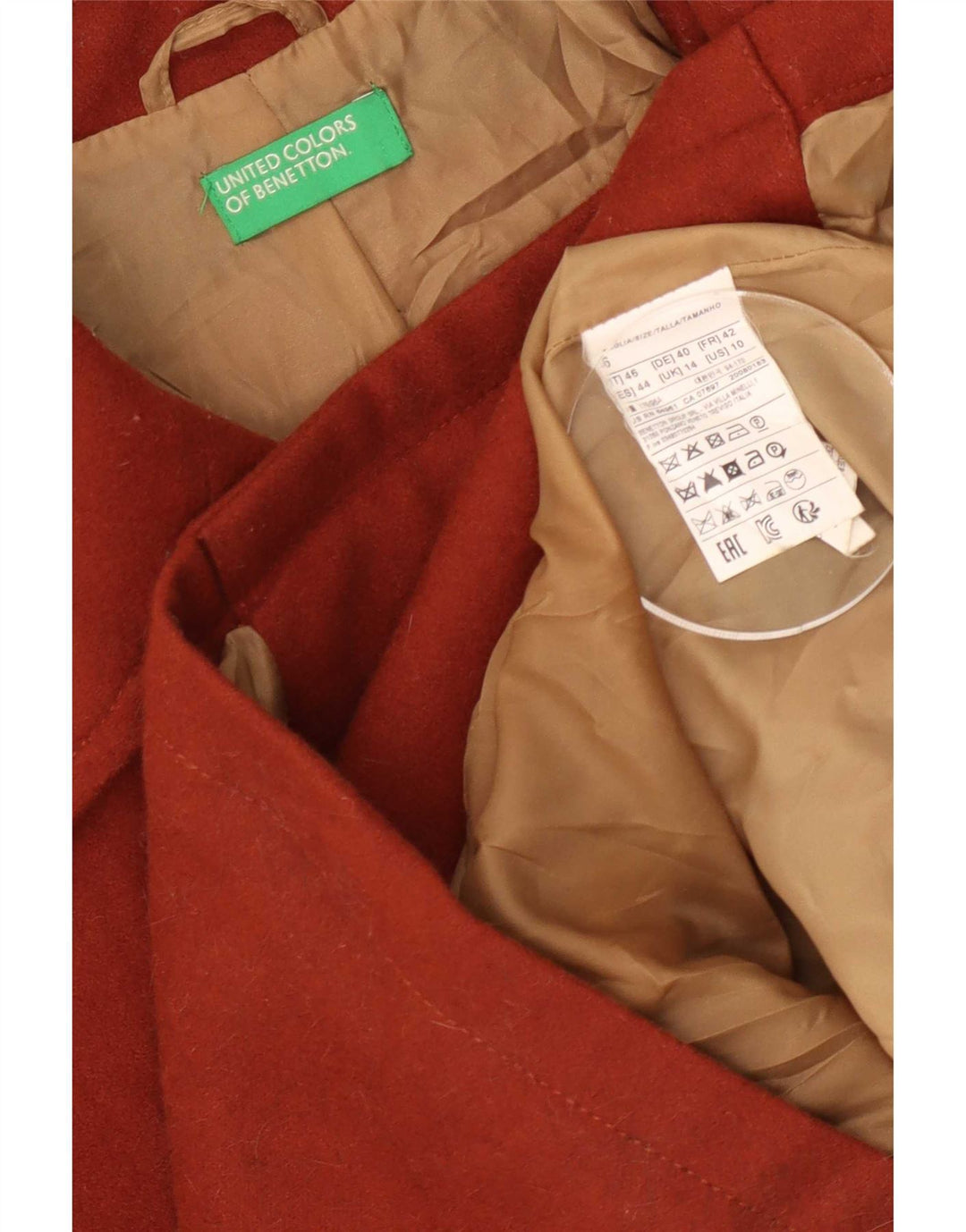 Benetton Womens Pea Coat UK 14 Large Brown Wool