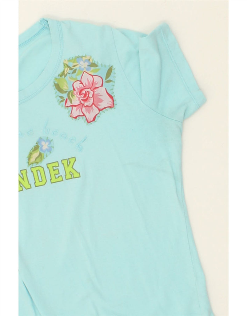 SUNDEK Womens Graphic T-Shirt Top UK 14 Large Turquoise Floral Cotton | Vintage Sundek | Thrift | Second-Hand Sundek | Used Clothing | Messina Hembry 