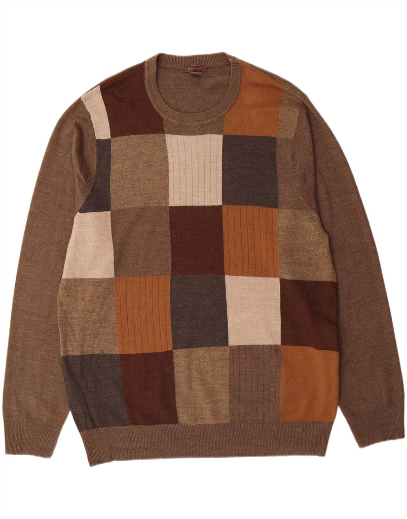 DOCKERS Mens Crew Neck Jumper Sweater XL Brown Patchwork Acrylic Vintage Dockers and Second-Hand Dockers from Messina Hembry 