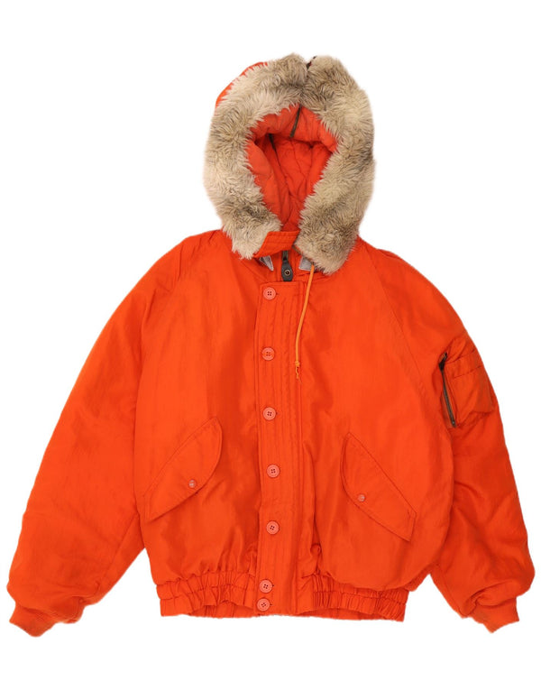 Benetton Mens Hooded Loose Fit Padded Jacket IT 48 Medium Orange Polyamide