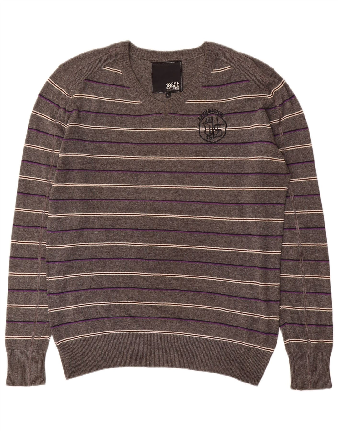 Jack & Jones Mens Graphic V-Neck Jumper Sweater Large Grey Striped