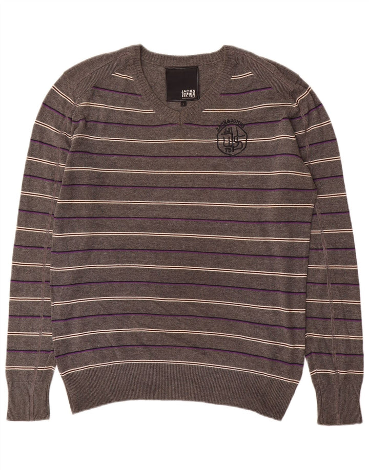 Jack & Jones Mens Graphic V-Neck Jumper Sweater Large Grey Striped