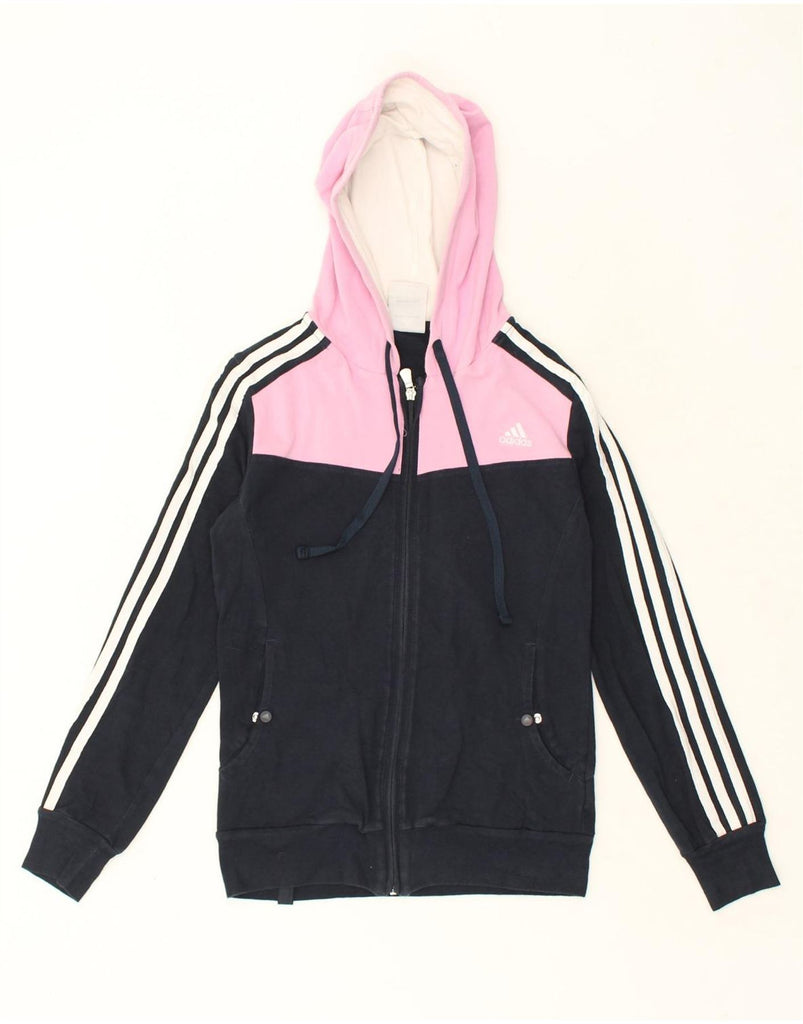 ADIDAS Womens Zip Hoodie Sweater UK 10 Small Navy Blue Colourblock Cotton | Vintage Adidas | Thrift | Second-Hand Adidas | Used Clothing | Messina Hembry 