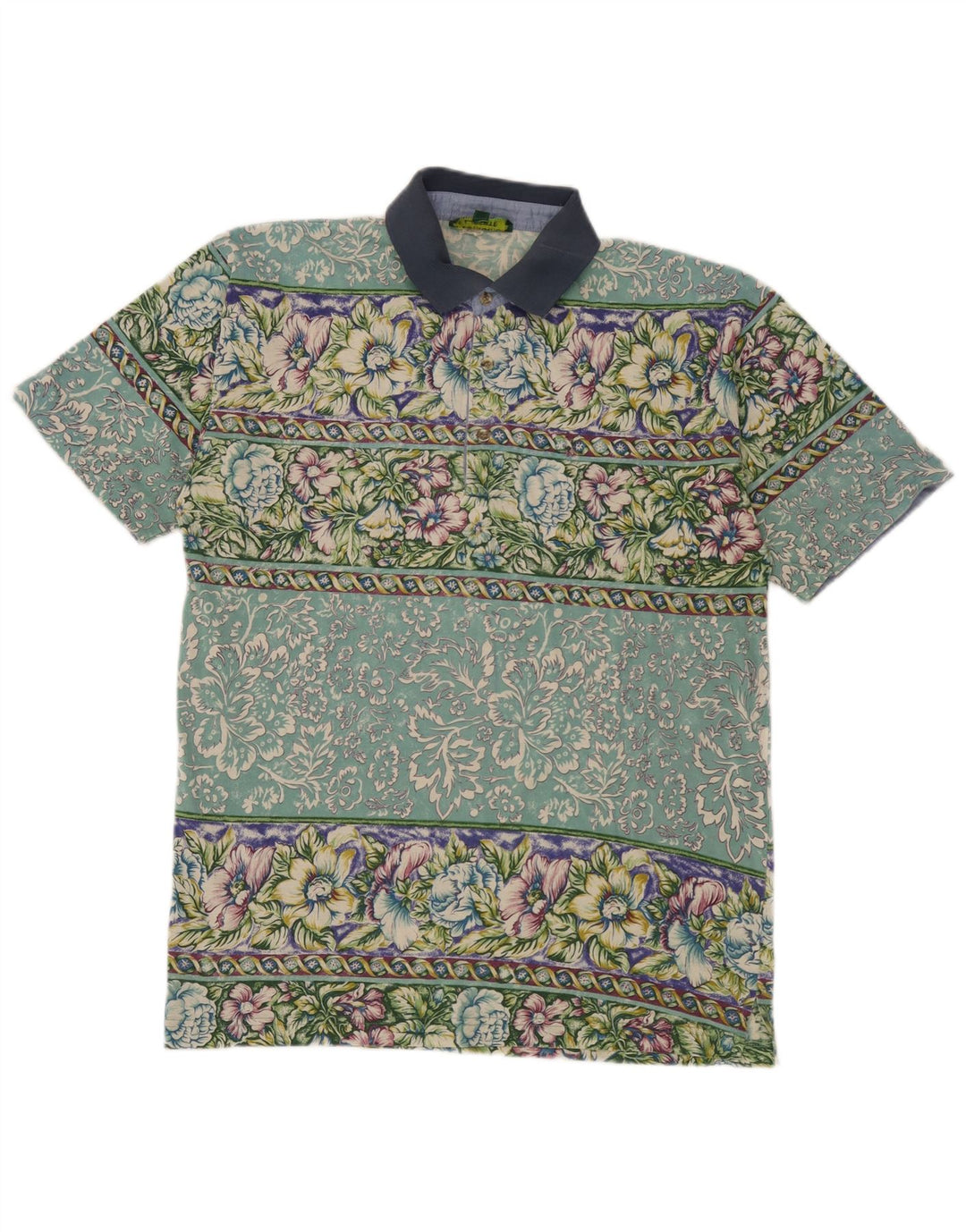 Vintage Mens Polo Shirt Medium Green Floral Cotton