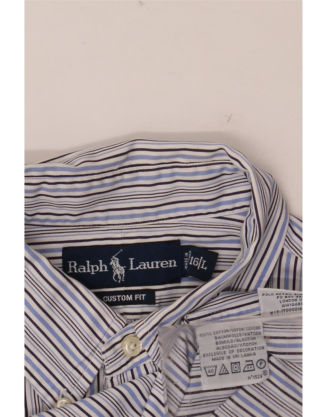RALPH LAUREN Mens Custom Fit Shirt Size 16 Large Blue Striped Cotton