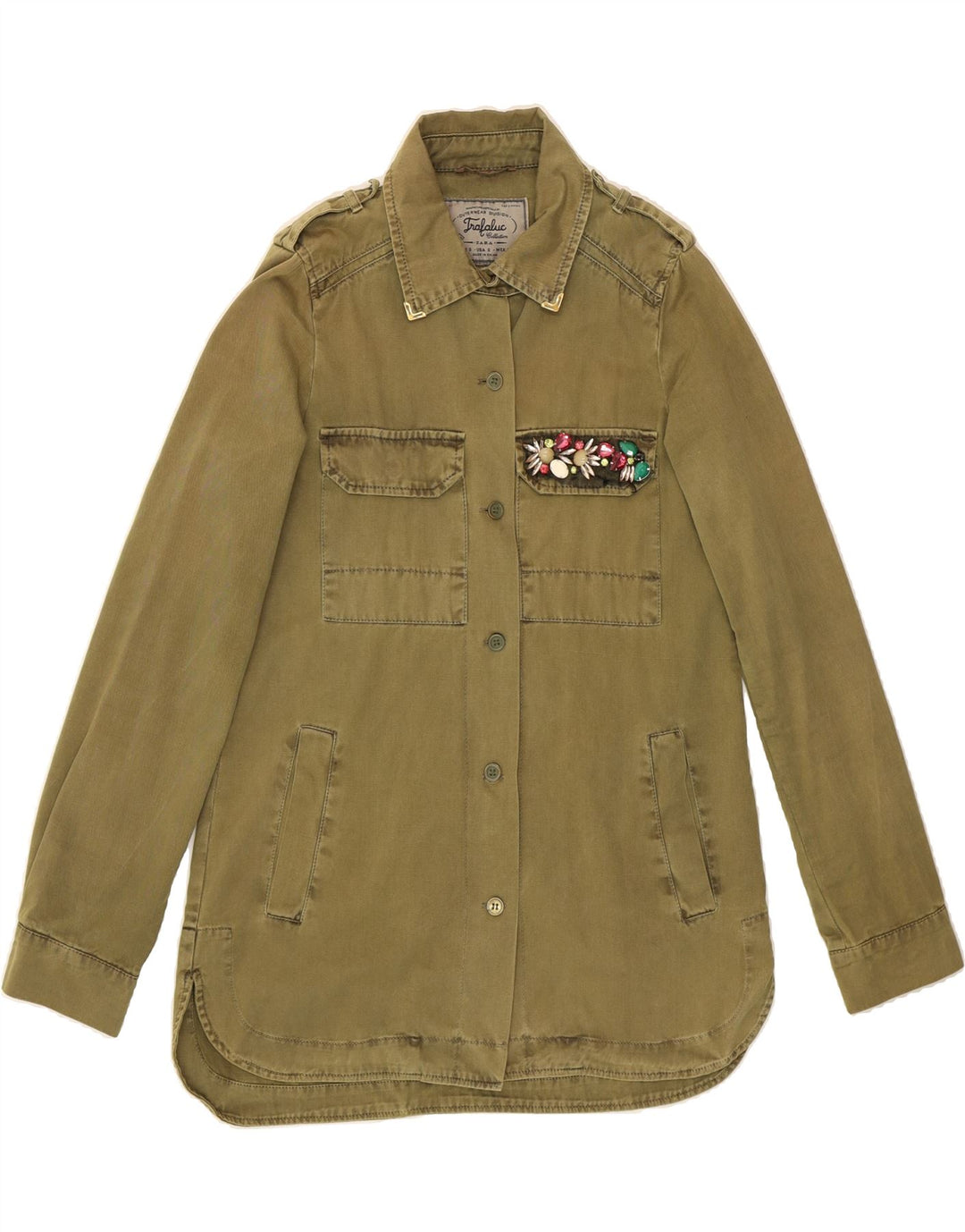 ZARA Womens Military Denim Jacket UK 10 Small Green Cotton Vintage Zara and Second-Hand Zara from Messina Hembry 