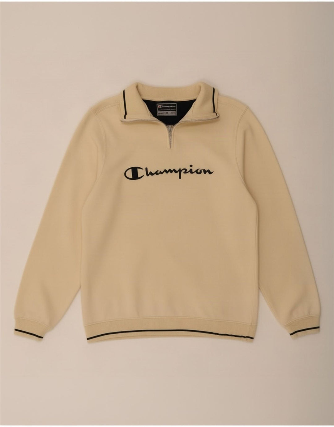 Champion Mens Graphic Zip Neck Sweatshirt Jumper Small Beige Cotton