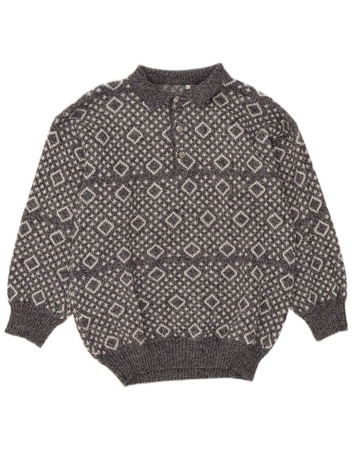 Vintage Mens Polo Neck Jumper Sweater XL Grey Argyle/Diamond