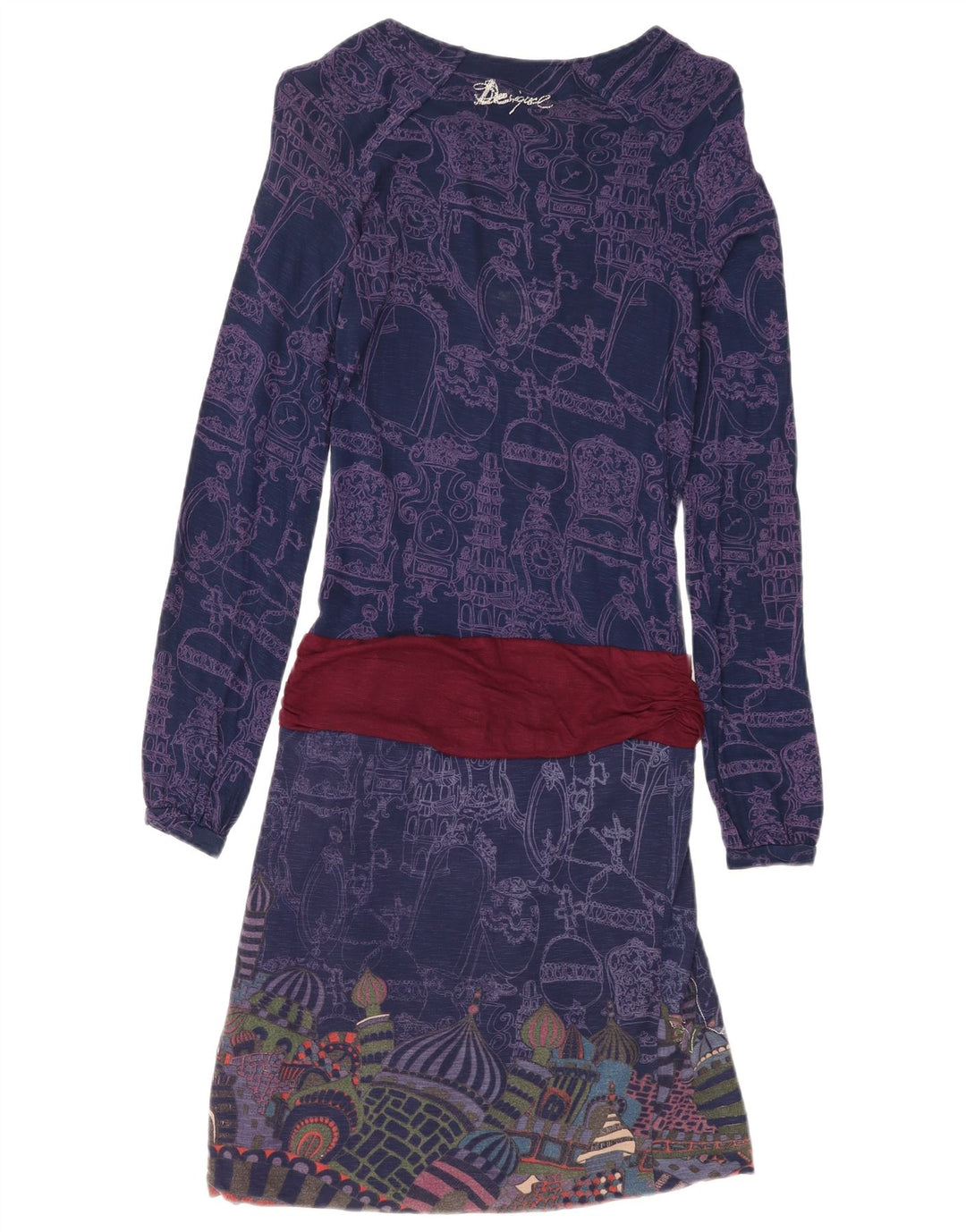 Desigual Womens Abstract Pattern Drop Waist Dress UK 8 Small Navy Blue