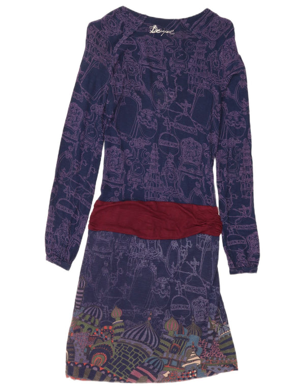Desigual Womens Abstract Pattern Drop Waist Dress UK 8 Small Navy Blue