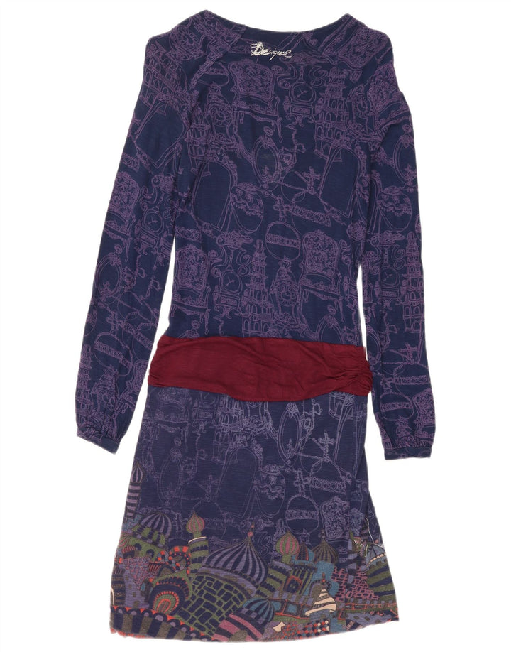 Desigual Womens Abstract Pattern Drop Waist Dress UK 8 Small Navy Blue