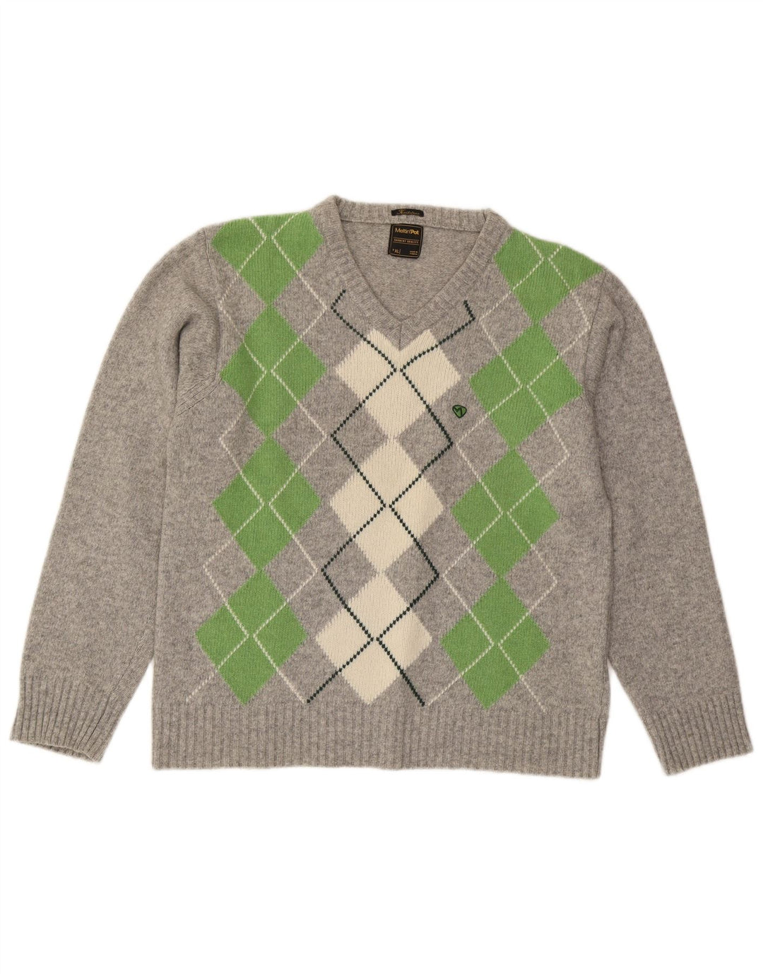Meltin' Pot Mens V-Neck Jumper Sweater XL Grey Argyle/Diamond Wool