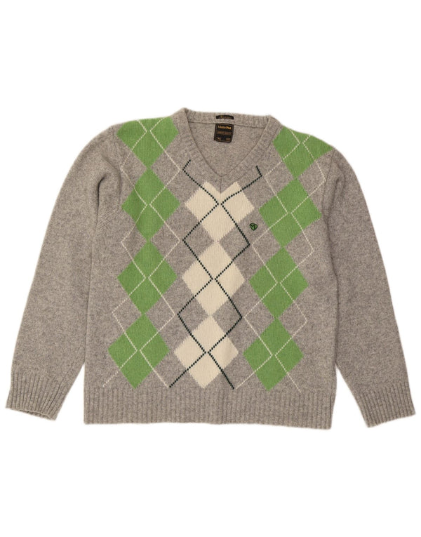 Meltin' Pot Mens V-Neck Jumper Sweater XL Grey Argyle/Diamond Wool