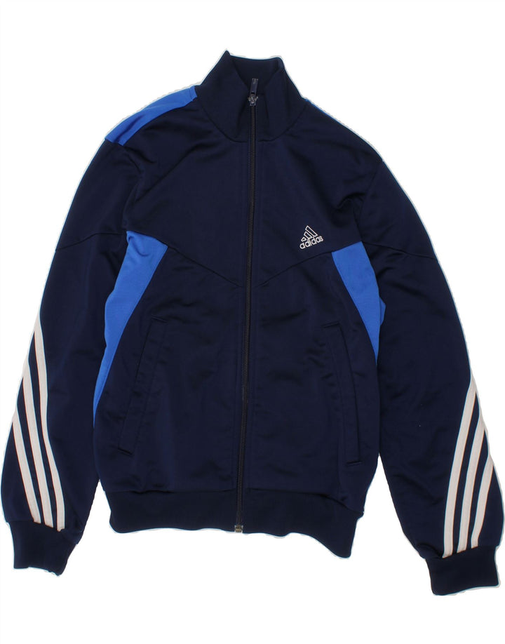 ADIDAS Boys Graphic Tracksuit Top Jacket 9-10 Years Navy Blue Colourblock Vintage Adidas and Second-Hand Adidas from Messina Hembry 