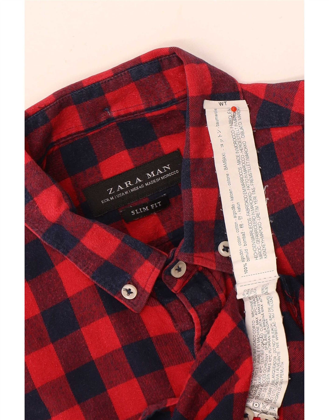 Zara Mens Slim Fit Flannel Shirt Medium Red Gingham Cotton