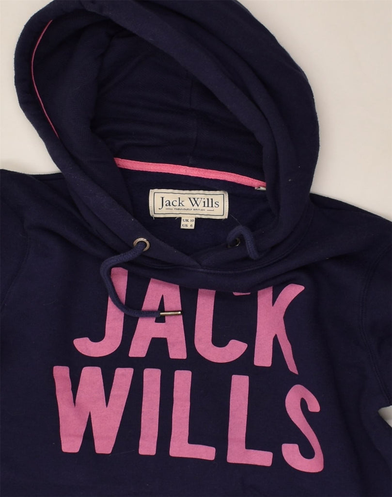 JACK WILLS Womens Graphic Hoodie Jumper UK 10 Small Navy Blue Cotton | Vintage Jack Wills | Thrift | Second-Hand Jack Wills | Used Clothing | Messina Hembry 