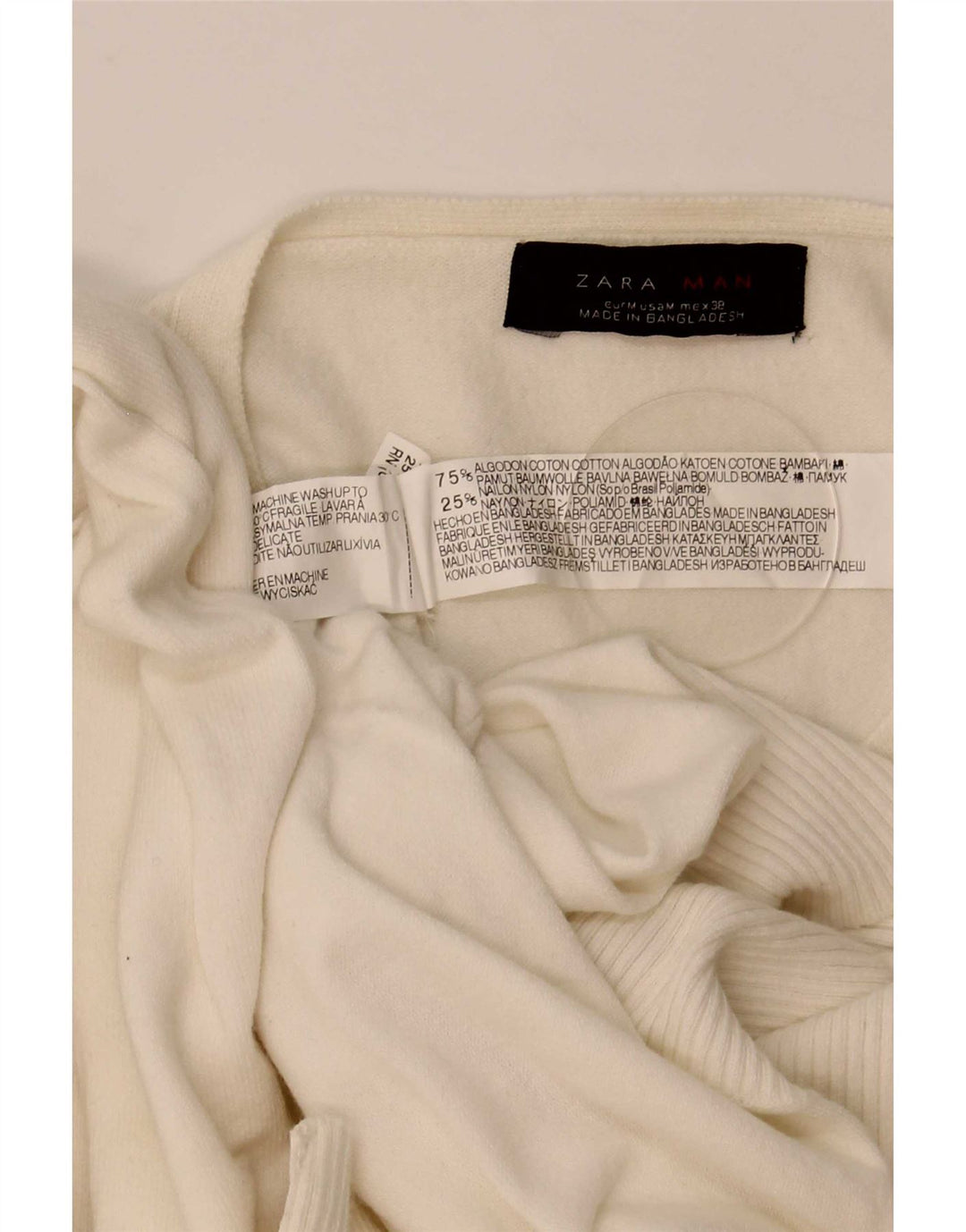 Zara Mens V-Neck Jumper Sweater Medium Off White Cotton