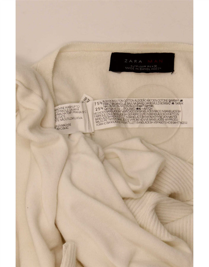 Zara Mens V-Neck Jumper Sweater Medium Off White Cotton